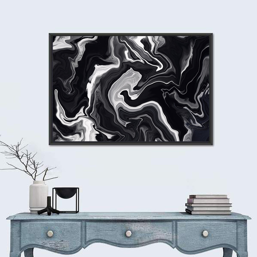 Flowing Black Marble Abstract Wall Art in a room, landscape