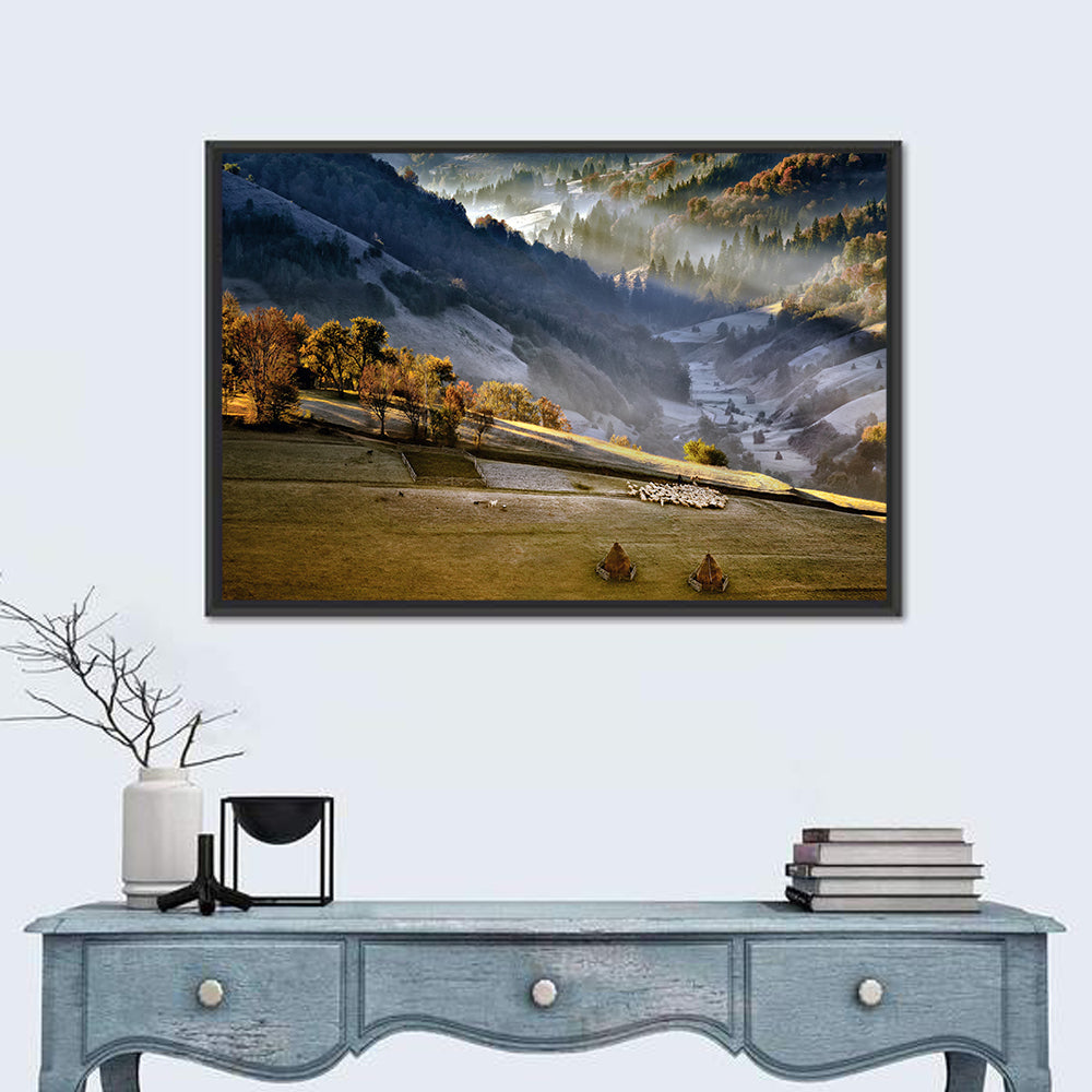 Mountain Village in Morning Mist Wall Art in a room, landscape