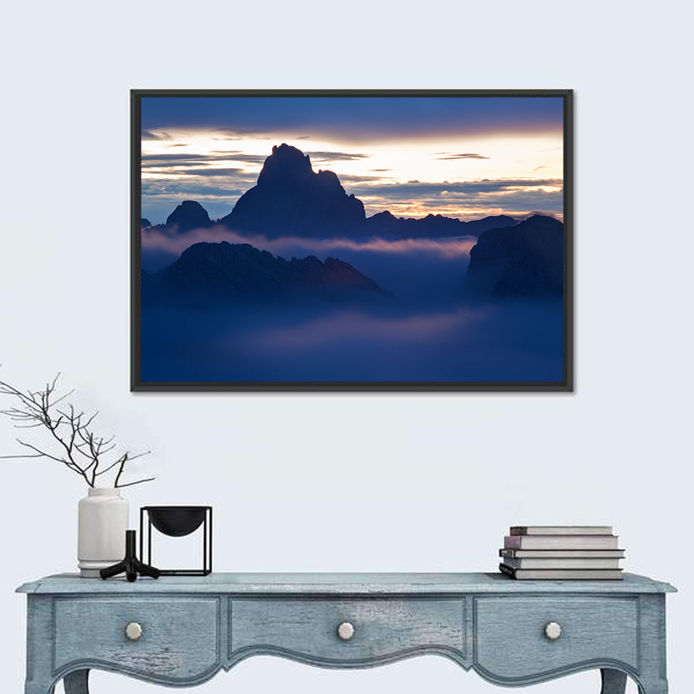 Dolomites Sunrise Silhouette Wall Art in a room, landscape
