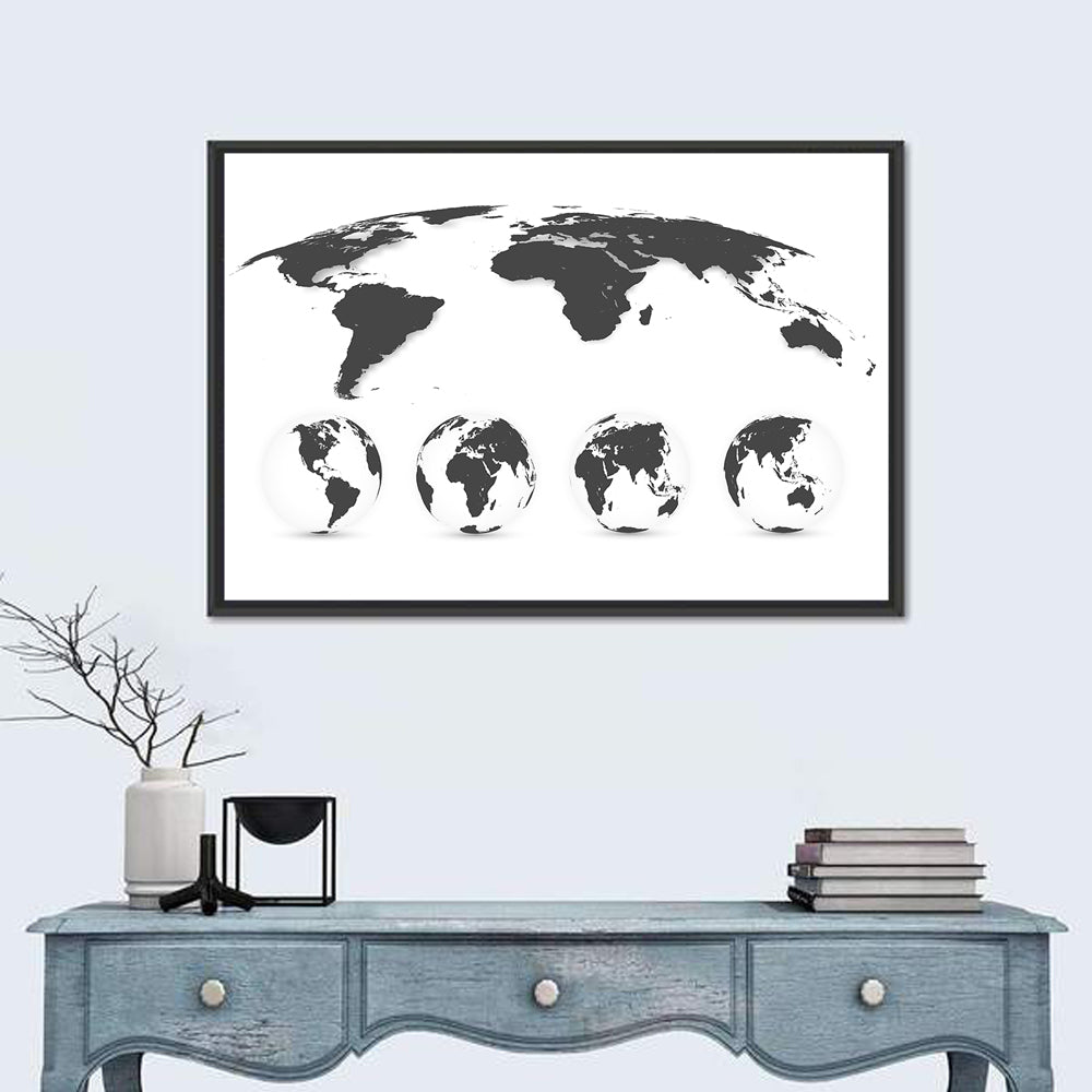 Stylized World Map and Globe Icons Wall Art in a room, landscape