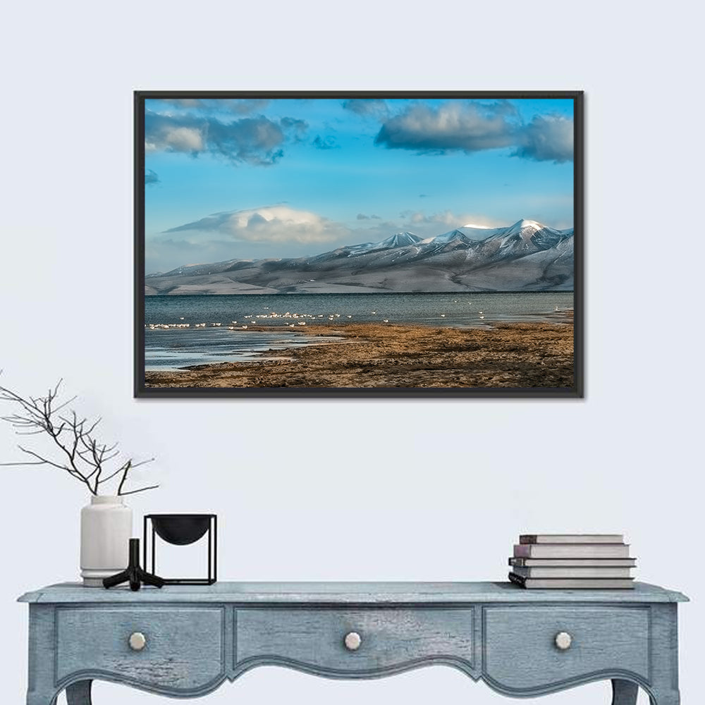 Lake Manasarovar Shoreline Wall Art in a room, landscape