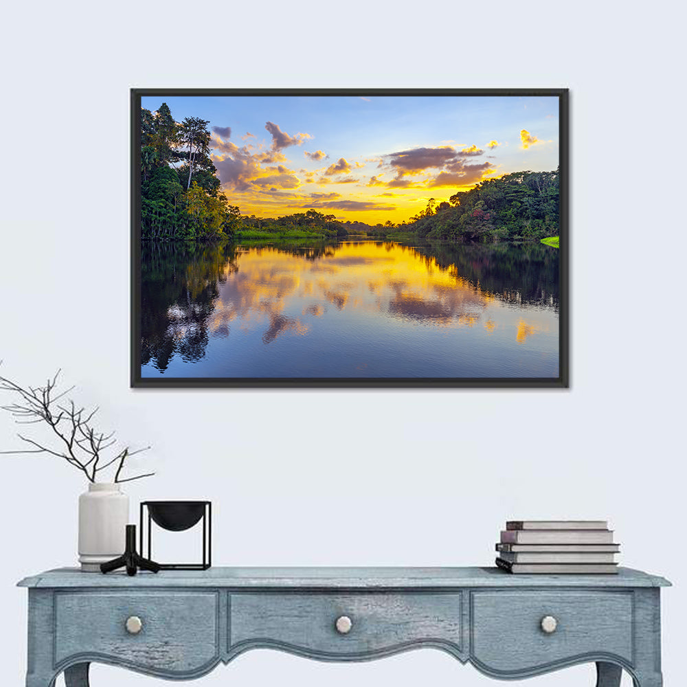 Amazon River Sunset Reflection Wall Art in a room, landscape