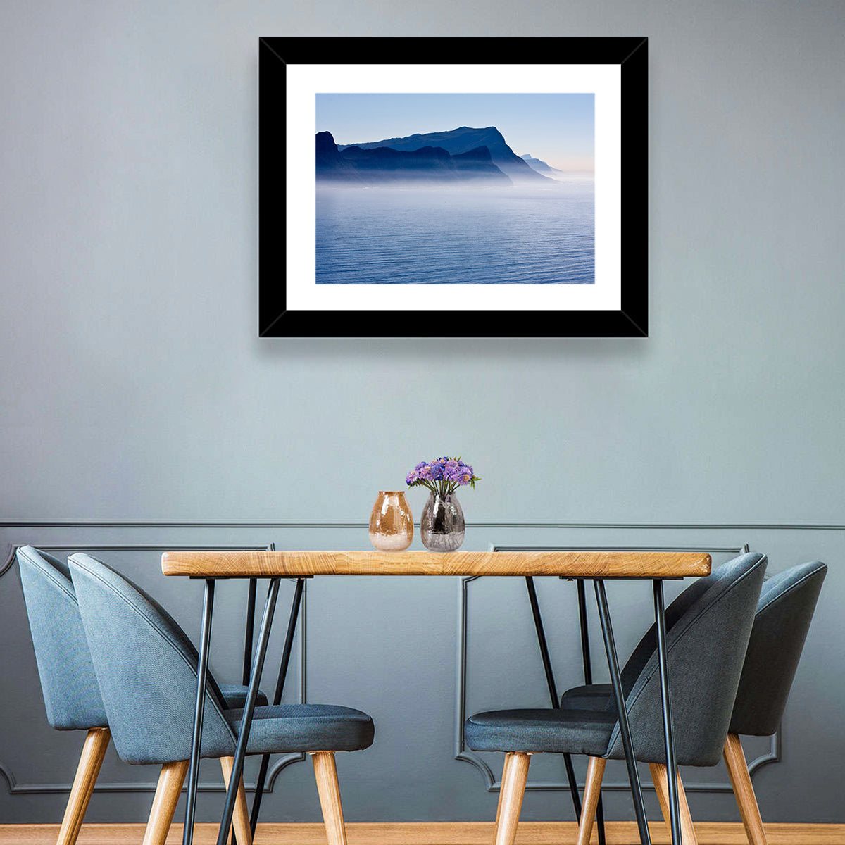 Misty Coastal Cliffs and Mountain Layers Wall Art in a room, landscape