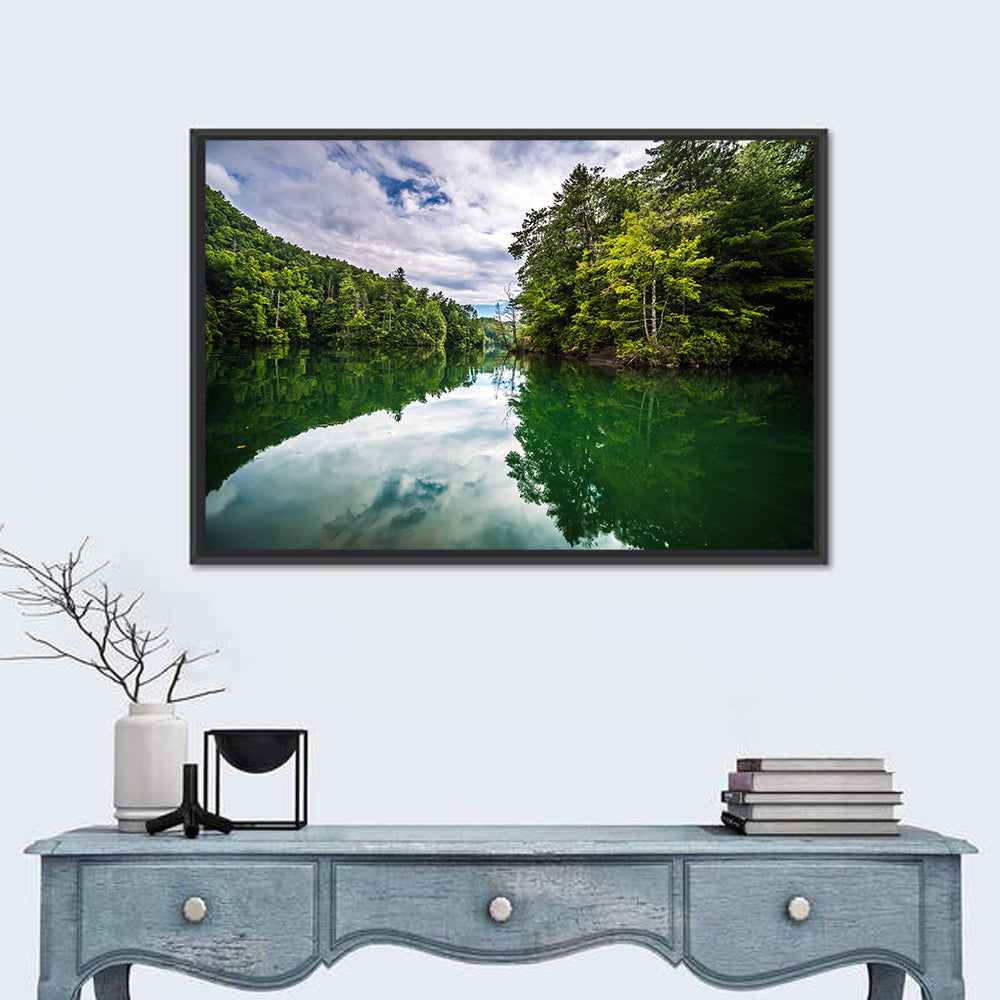 Lake Jocassee Reflection Wall Art in a room, landscape