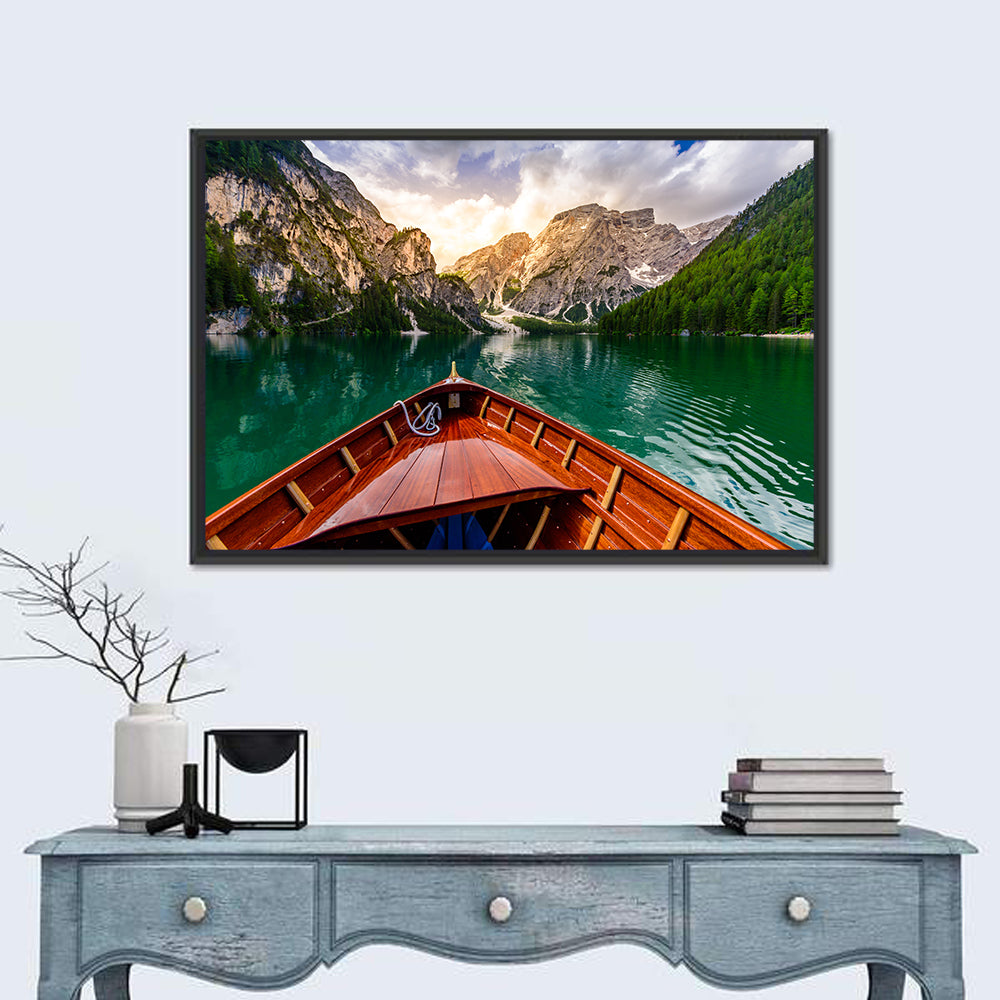 Boat Bow at Lago Di Braies Wall Art in a room, landscape