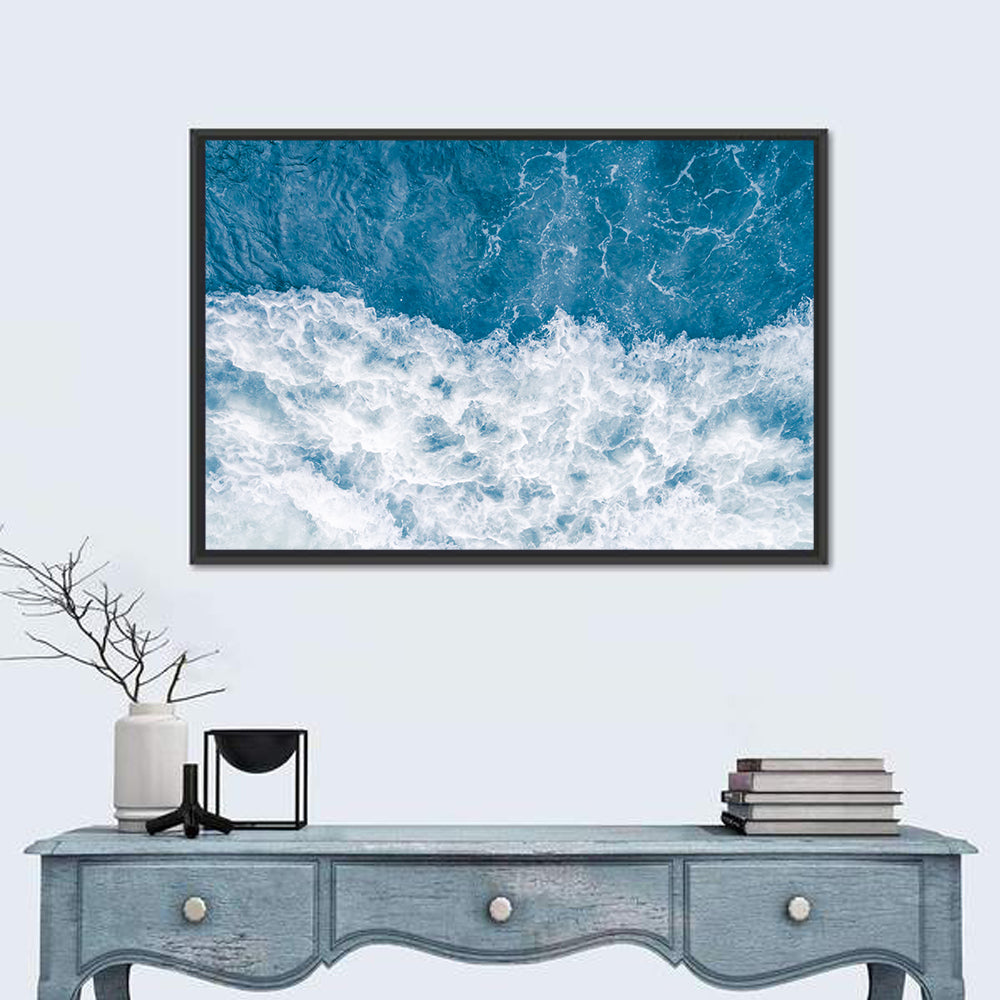 Stormy Blue Sea Wave Wall Art in a room, landscape