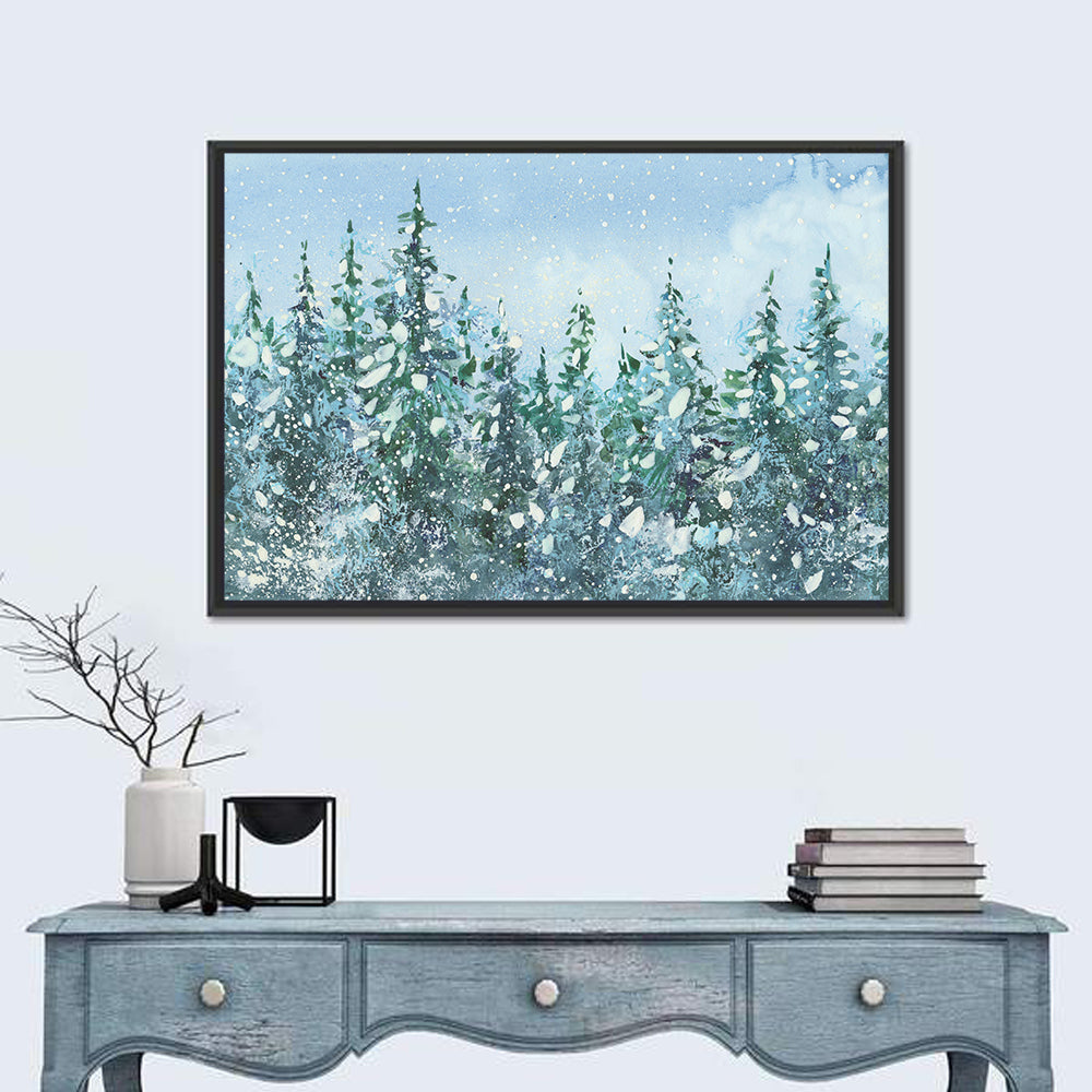 Snowy Spruce Forest Wall Art in a room, landscape