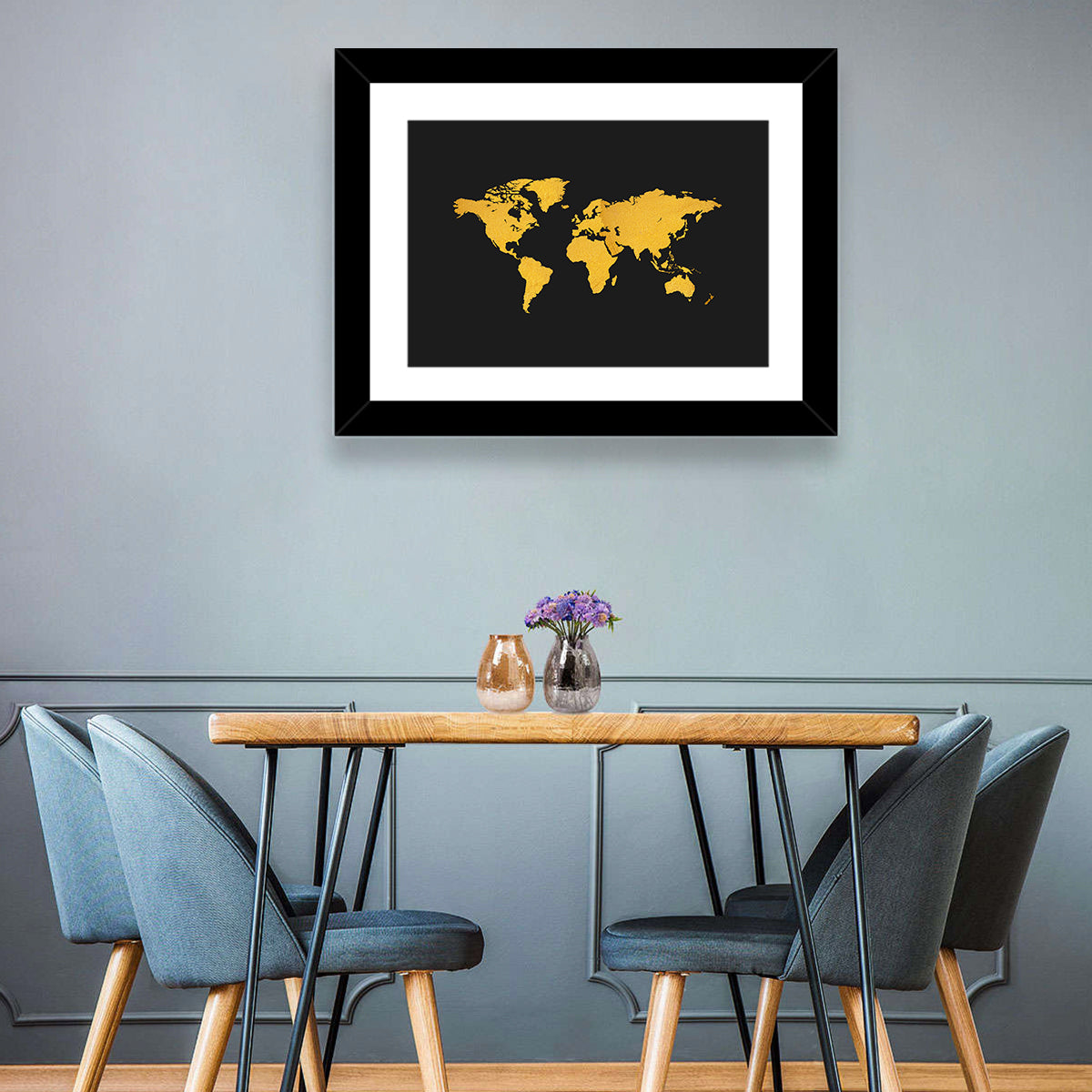 Gold Texture World Map Wall Art in a room, landscape