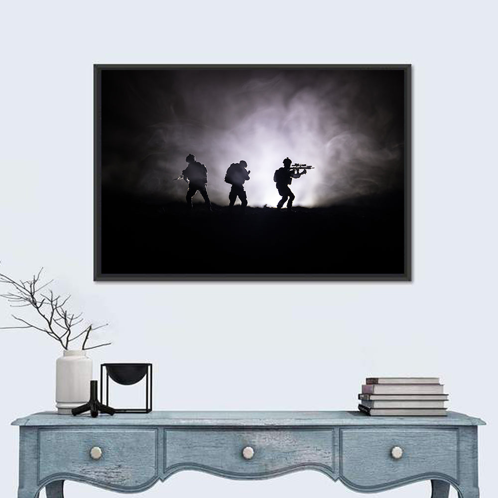 Three Soldiers Silhouette in Fog Wall Art in a room, landscape