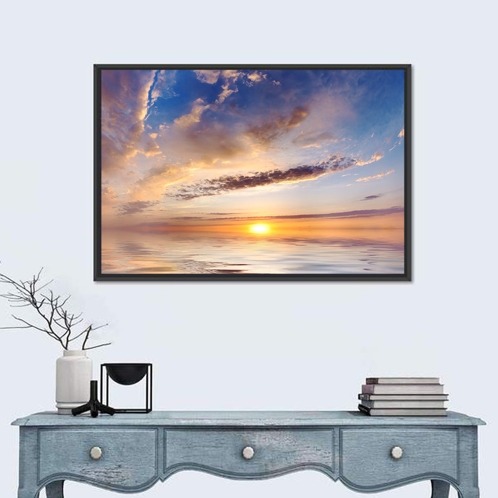 Sunlit Clouds Over Calm Sea Wall Art in a room, landscape