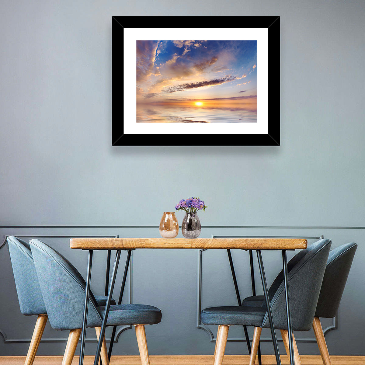 Sunlit Clouds Over Calm Sea Wall Art in a room, landscape
