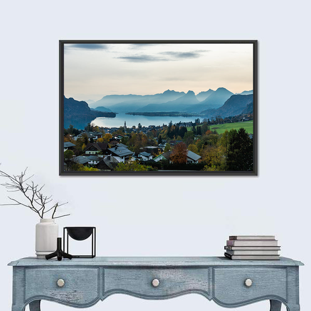 Fuschlsee Dawn Reflections Wall Art in a room, landscape
