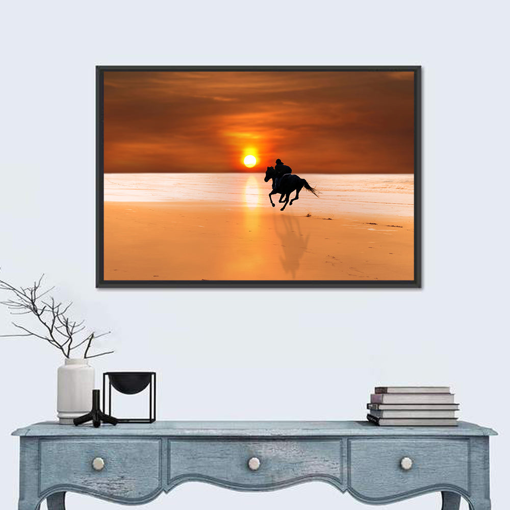 Horse and Rider at Sunset Wall Art in a room, landscape
