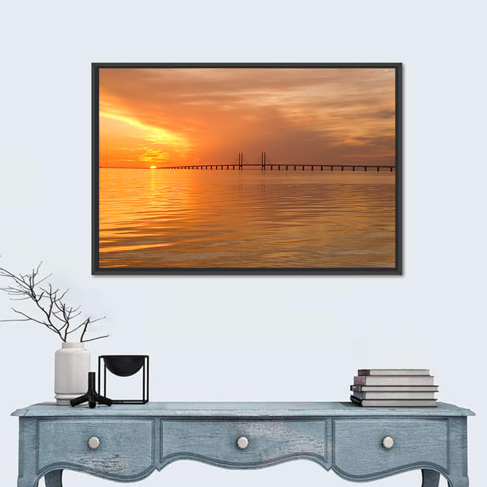 Øresund Bridge in Golden Light Wall Art in a room, landscape