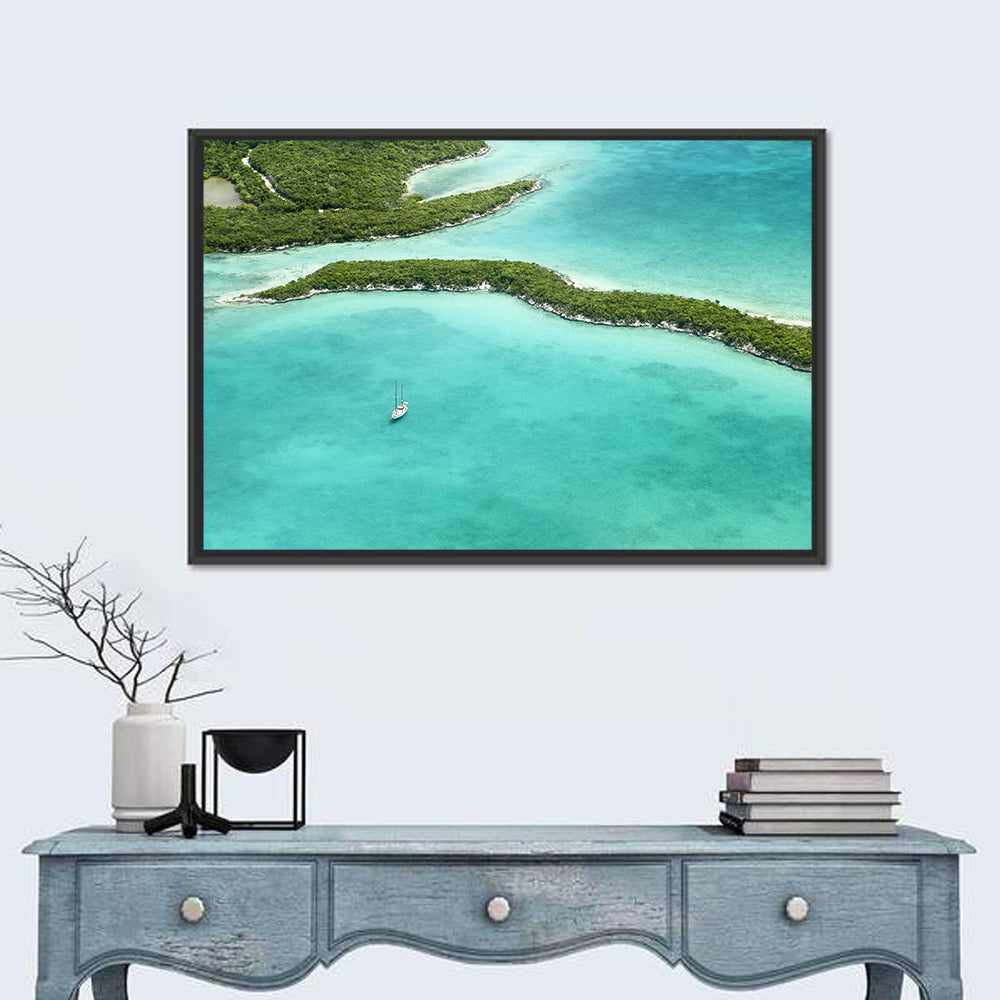 Turquoise Bahamas Islands Wall Art in a room, landscape