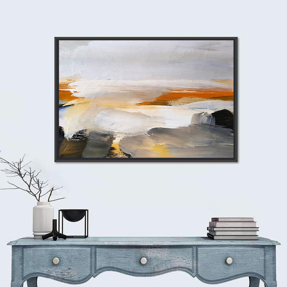 Misty Coastal Horizon Wall Art in a room, landscape