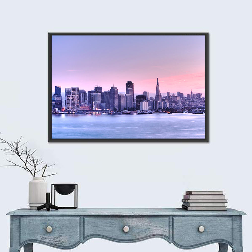 San Francisco Skyline at Lavender Dusk Wall Art in a room, landscape