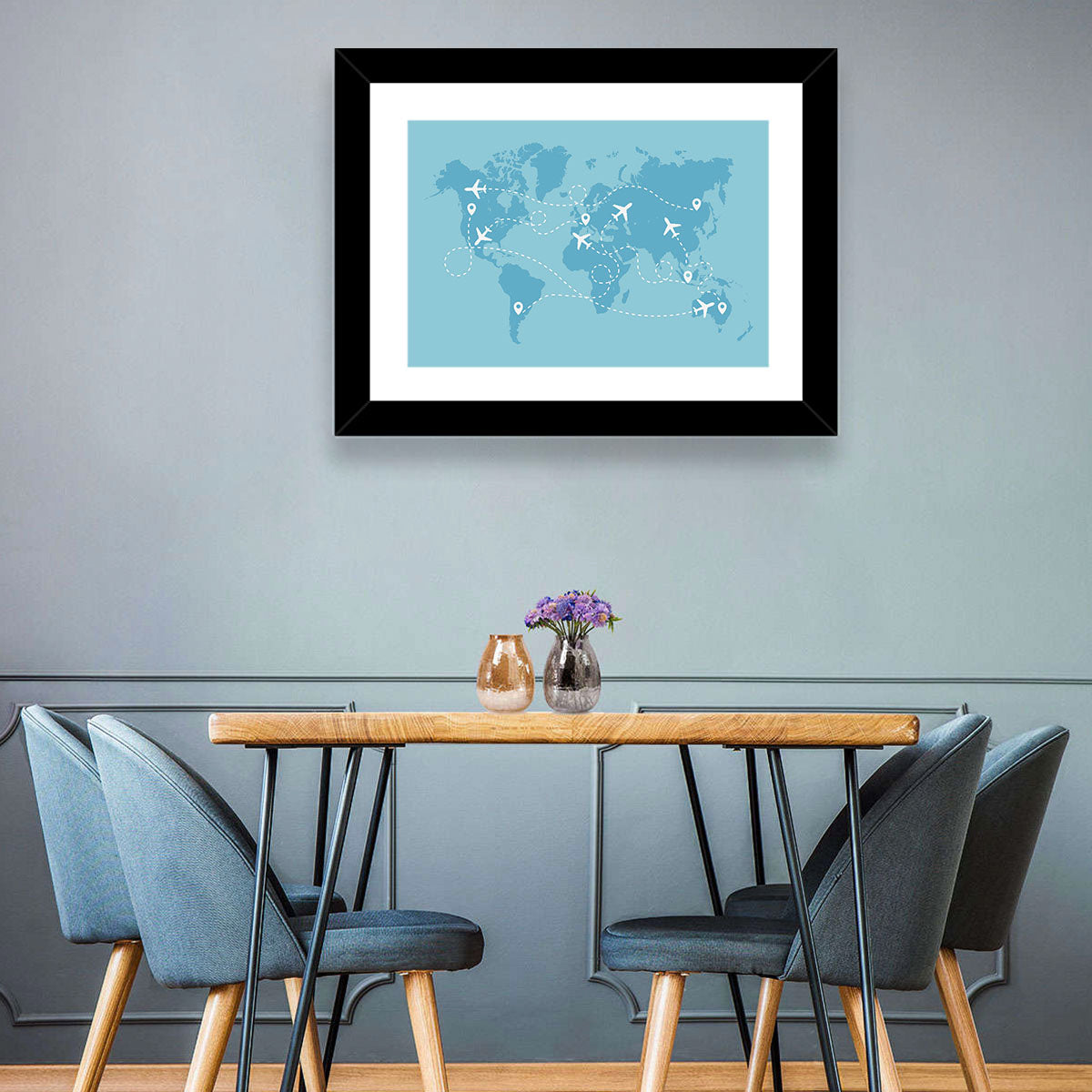 World Flight Routes Map Wall Art in a room, landscape