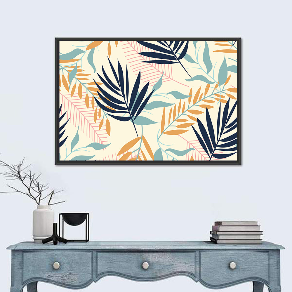 Cream and Navy Summer Leaves Pattern Wall Art in a room, landscape