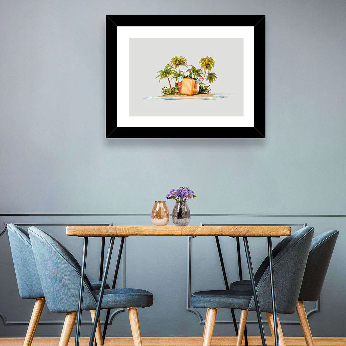 Tropical Island Vacation Illustration Wall Art in a room, landscape