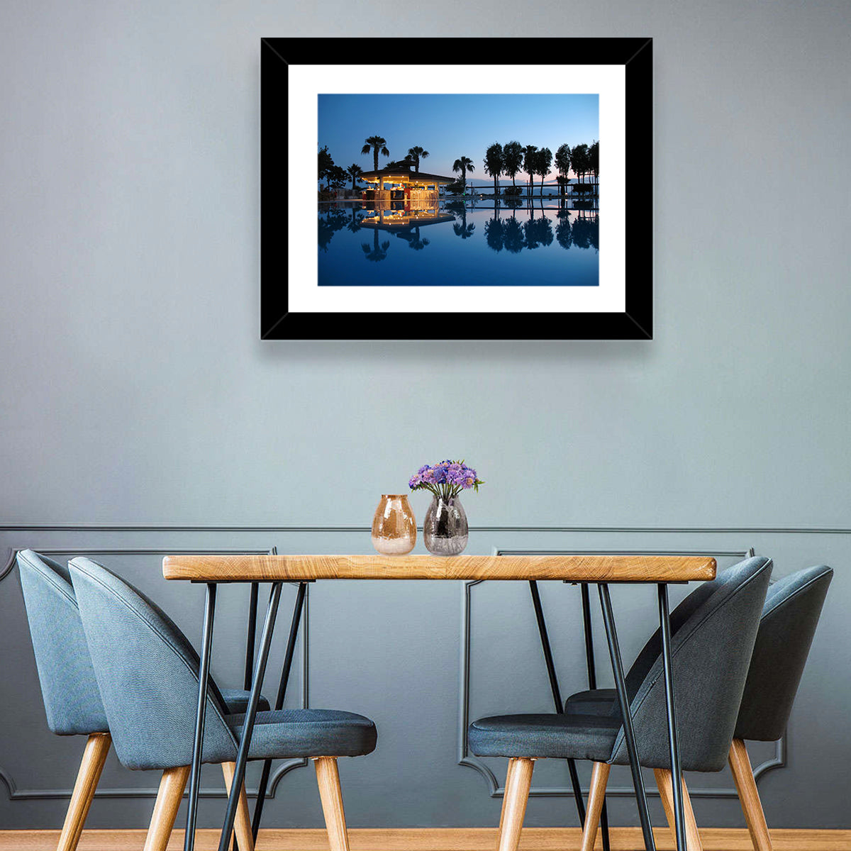 Twilight Poolside Bar Wall Art in a room, landscape