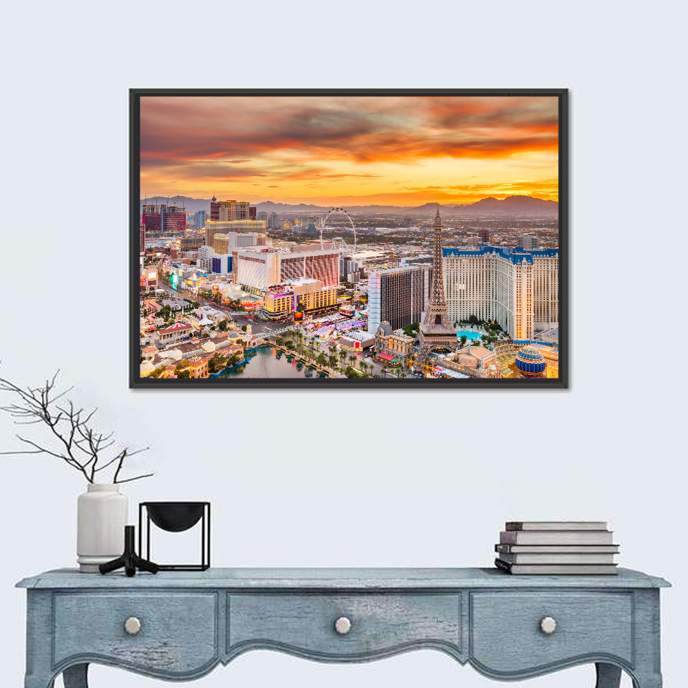 Las Vegas Strip Sunset Cityscape Wall Art in a room, landscape
