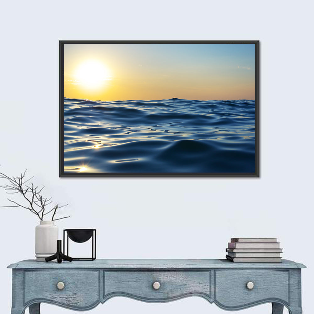 Sunset Over Calm Waves Wall Art in a room, landscape