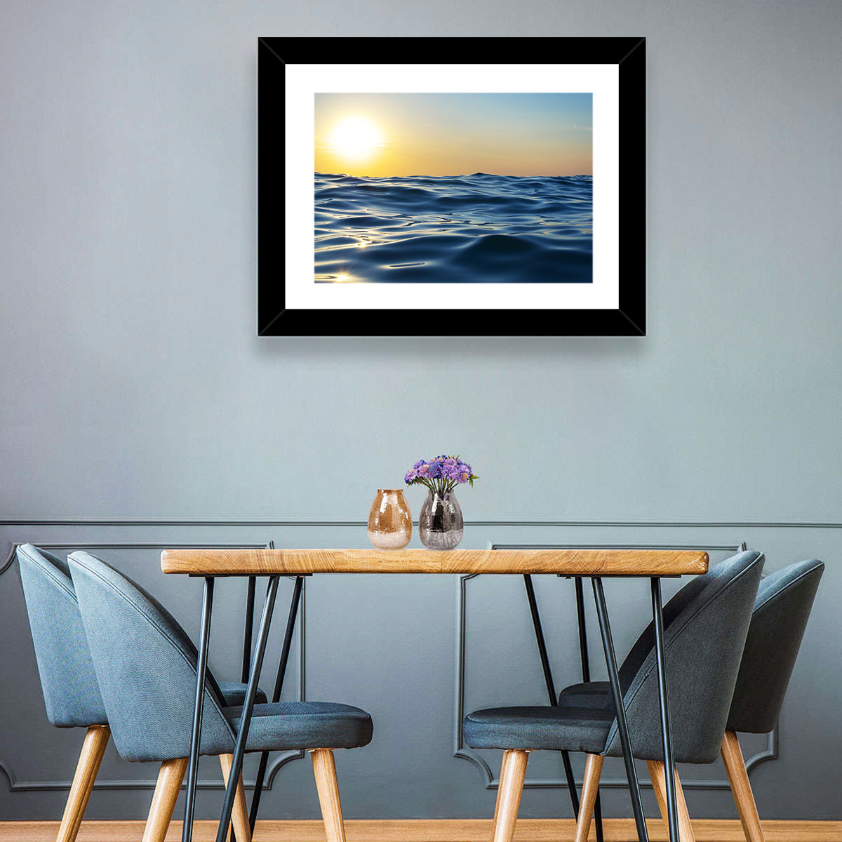 Sunset Over Calm Waves Wall Art in a room, landscape