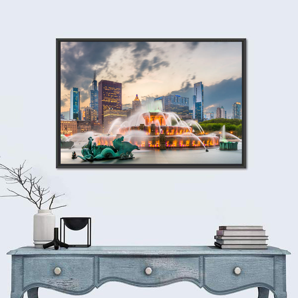 Buckingham Fountain and Chicago Skyline Wall Art in a room, landscape