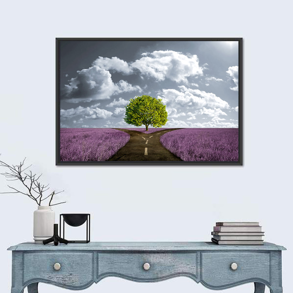 Lavender Field Crossroads with Lone Tree Wall Art in a room, landscape