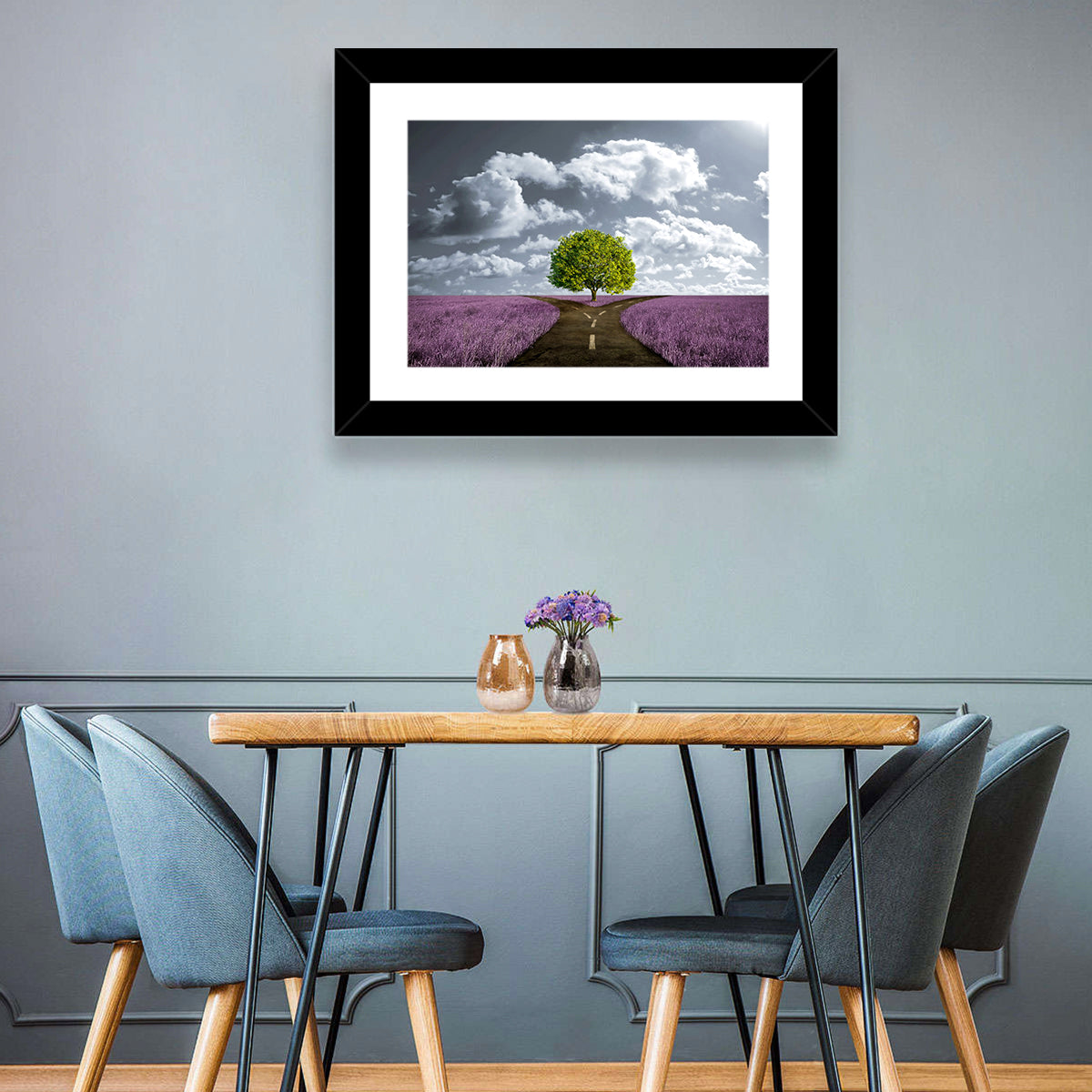 Lavender Field Crossroads with Lone Tree Wall Art in a room, landscape