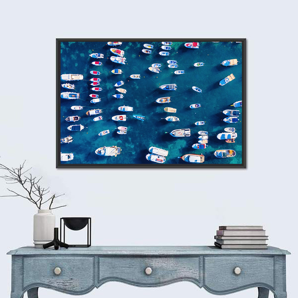 Aerial Boats Over Turquoise Sea Wall Art in a room, landscape