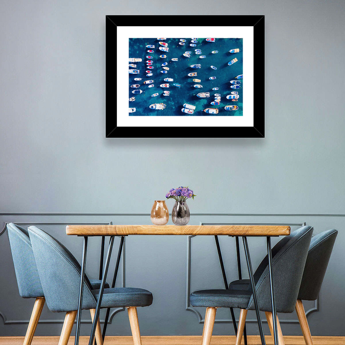 Aerial Boats Over Turquoise Sea Wall Art in a room, landscape