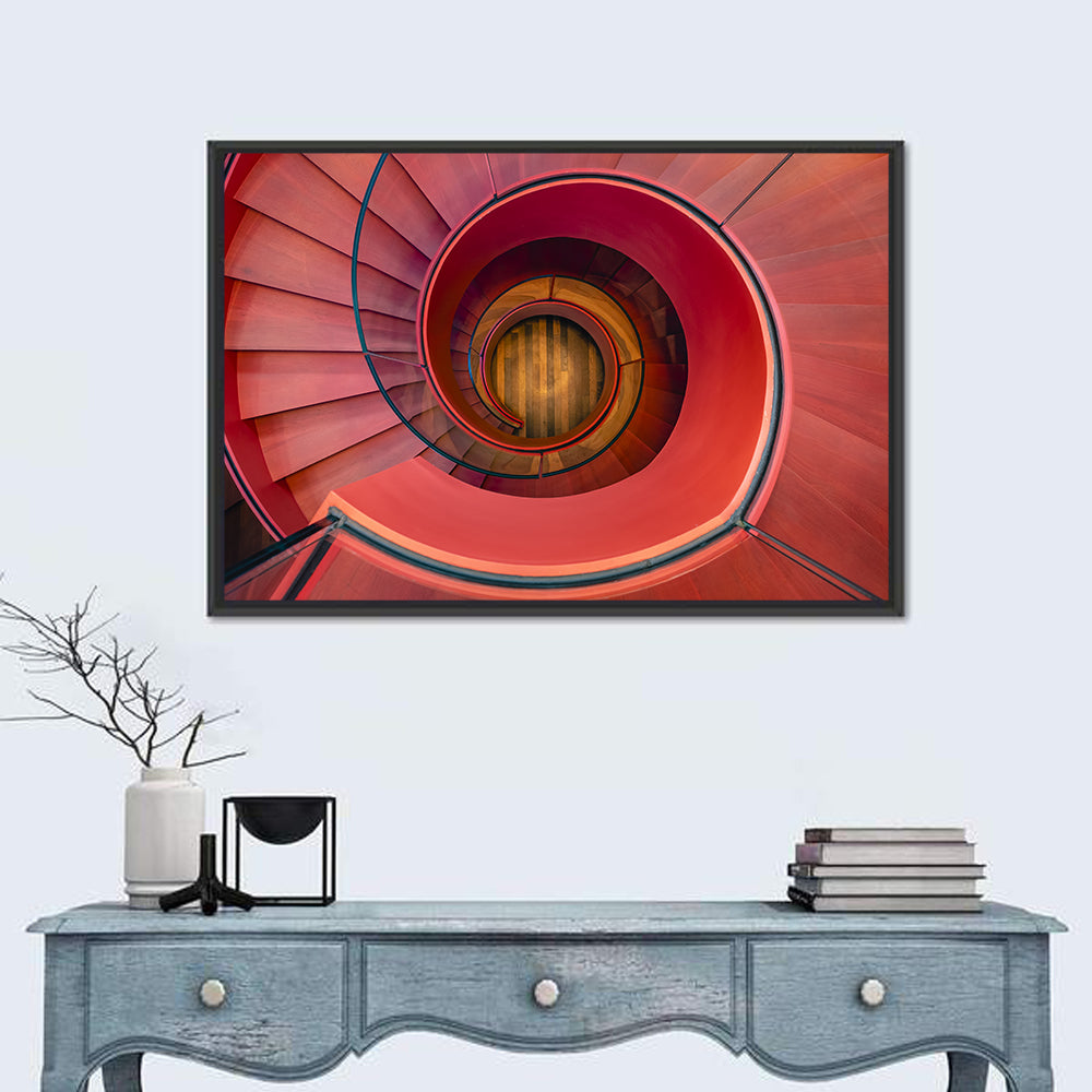 Red Spiral Staircase Wall Art in a room, landscape