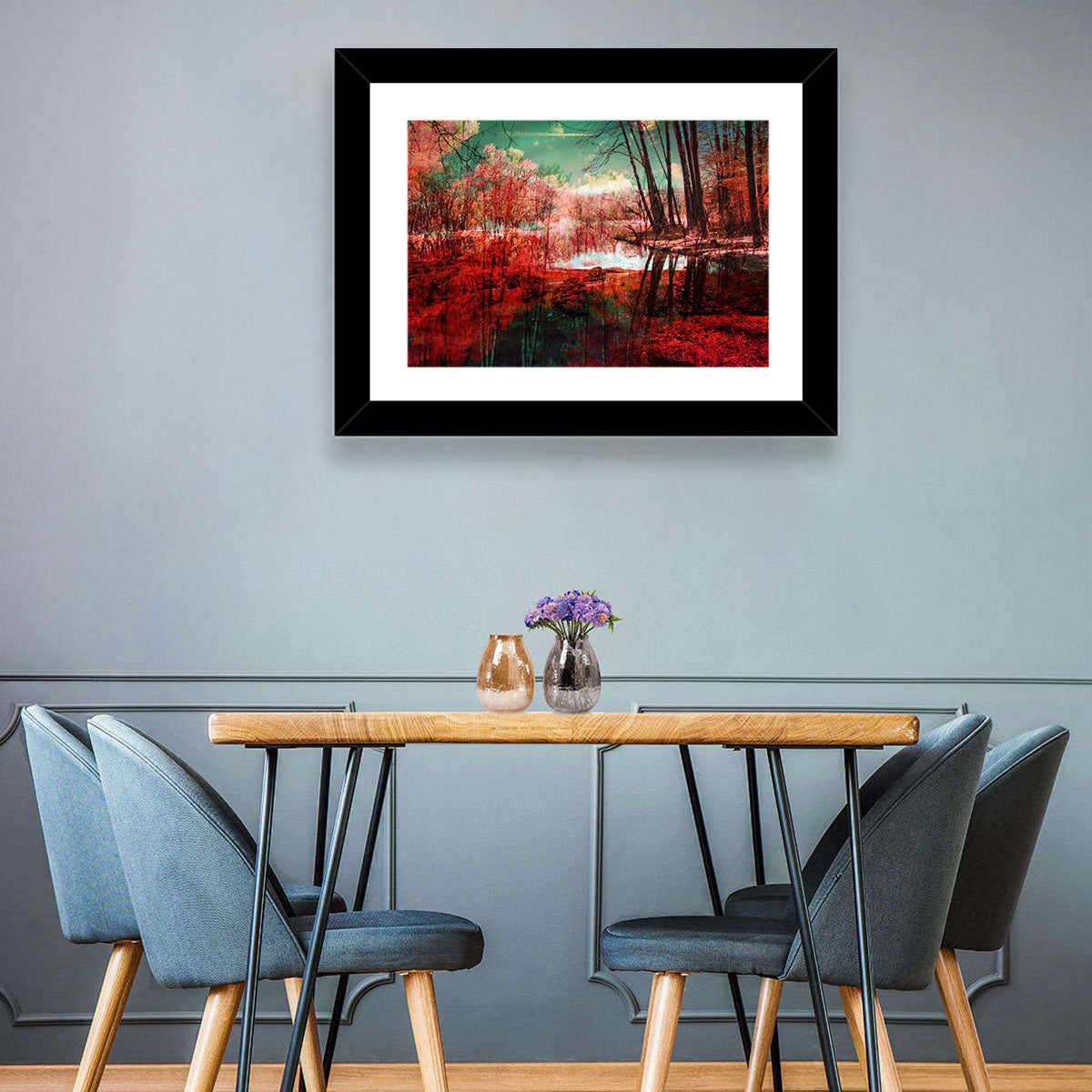 Red Forest Reflection Wall Art in a room, landscape