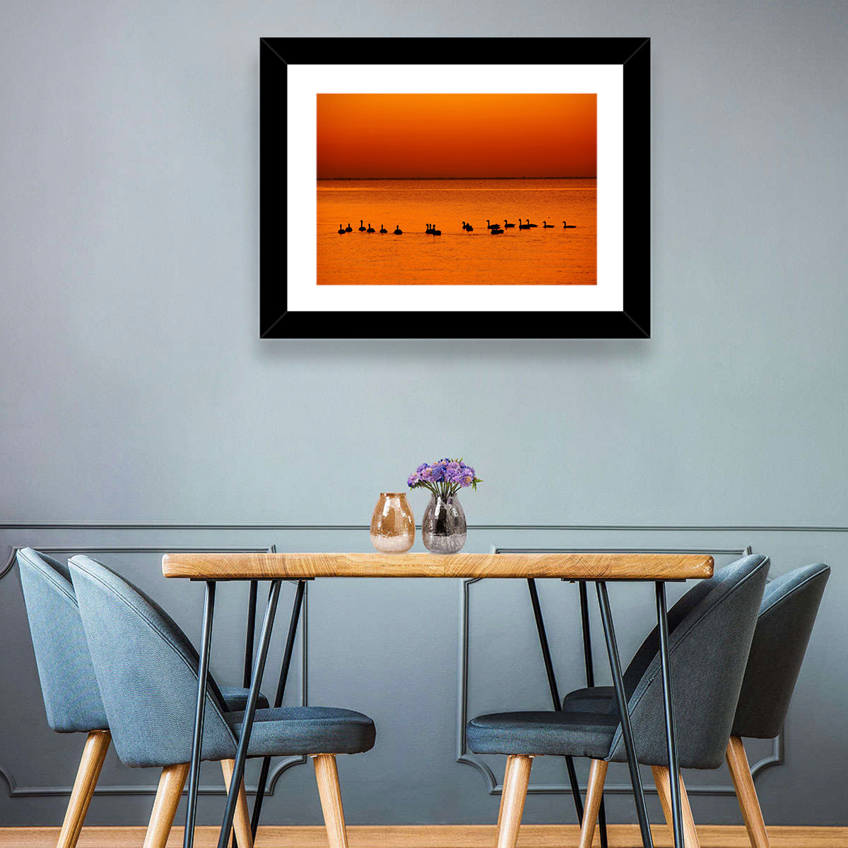 Geese Silhouettes at Orange Sunset Wall Art in a room, landscape