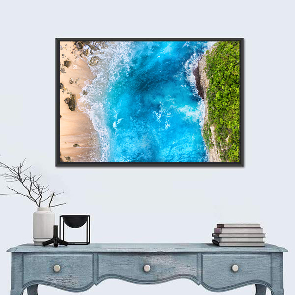 Aerial Turquoise Beach Cliffs Wall Art in a room, landscape