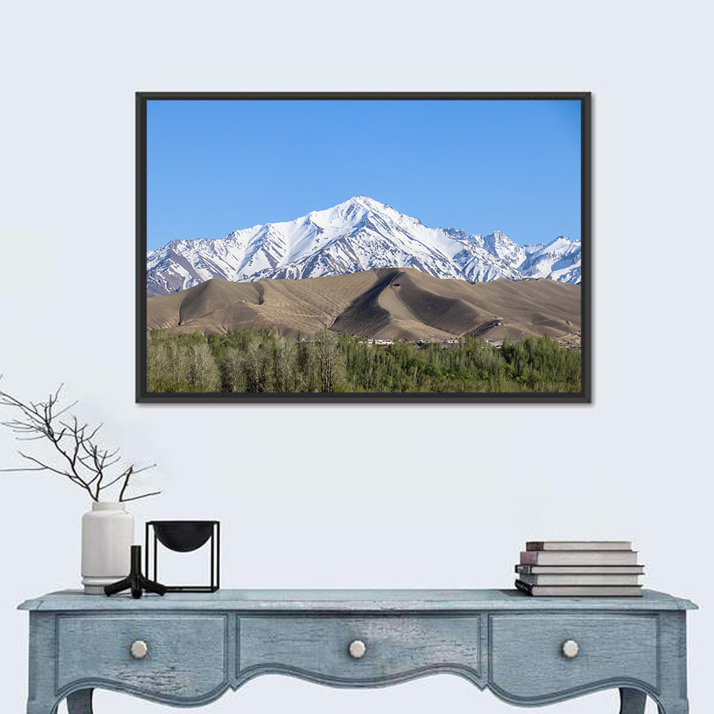 Afghan Snow-capped Peaks Above Forested Foothills Wall Art in a room, landscape