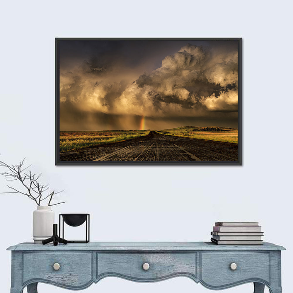 Rain-soaked Road to Rainbow Wall Art in a room, landscape