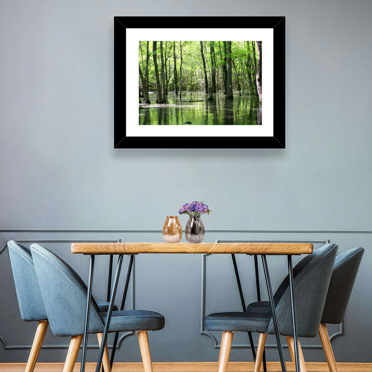 Sunlit Swamp Forest Wall Art in a room, landscape