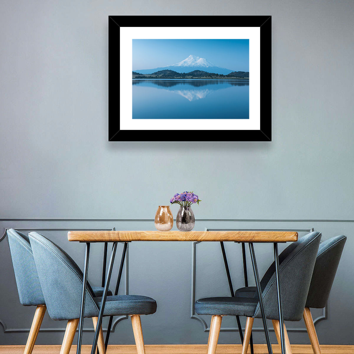 Snowy Mount Shasta Wall Art in a room, landscape