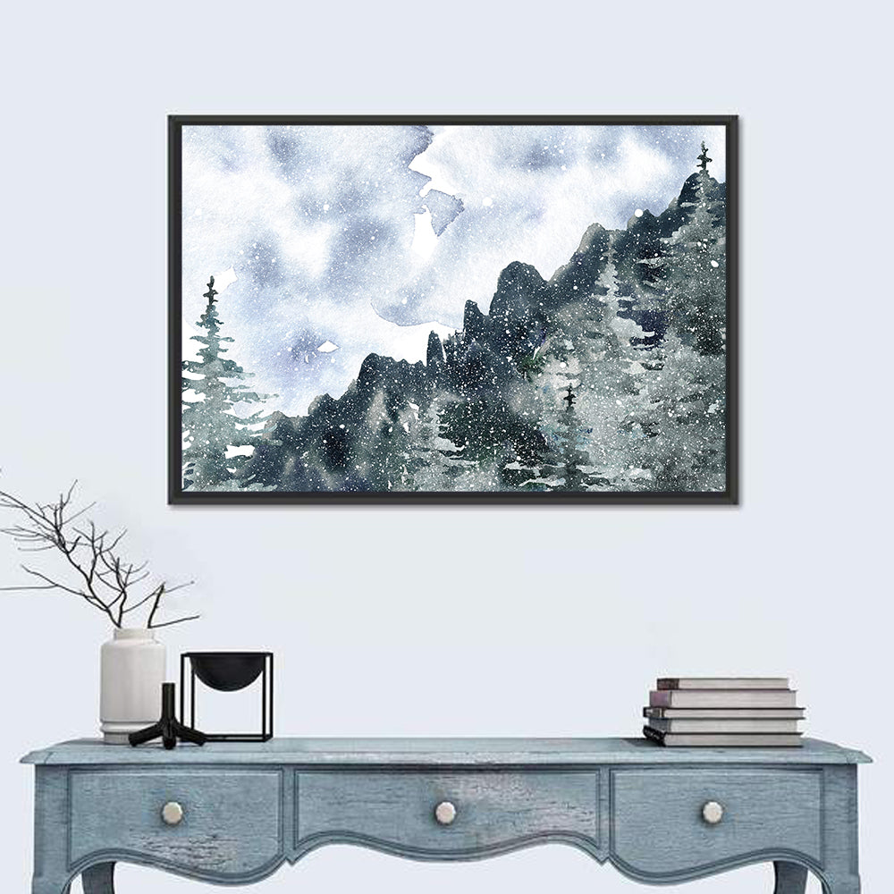 Snowfall Mountain Forest Illustration Wall Art