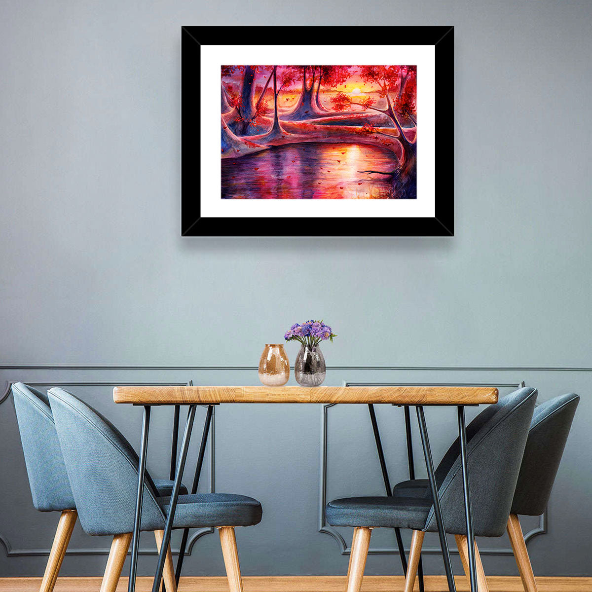 Autumn Forest Lake at Dusk Wall Art in a room, landscape
