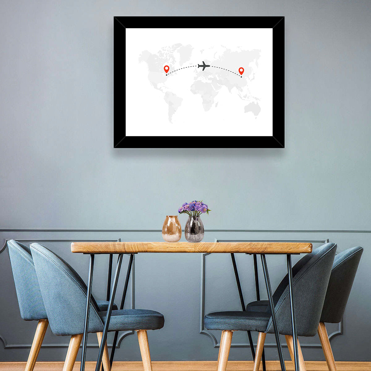Air Travel World Map Wall Art in a room, landscape