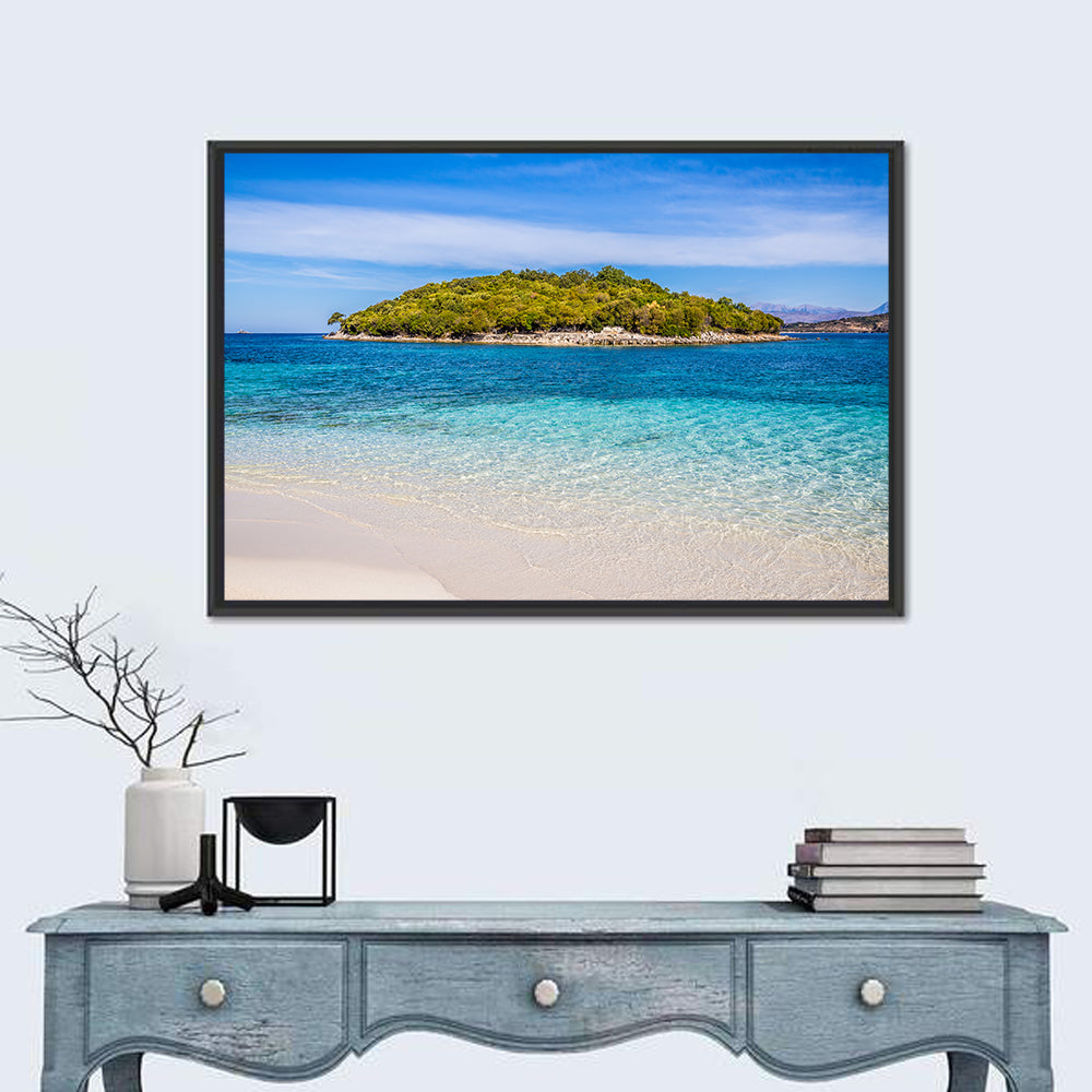 Butrint Turquoise Island Beach Wall Art in a room, landscape