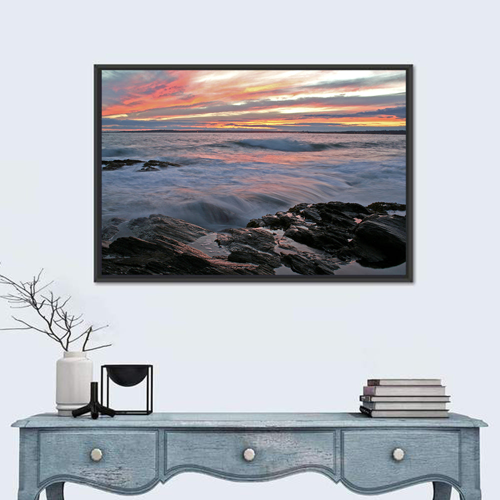 Rocky Coast Sunset Wall Art in a room, landscape
