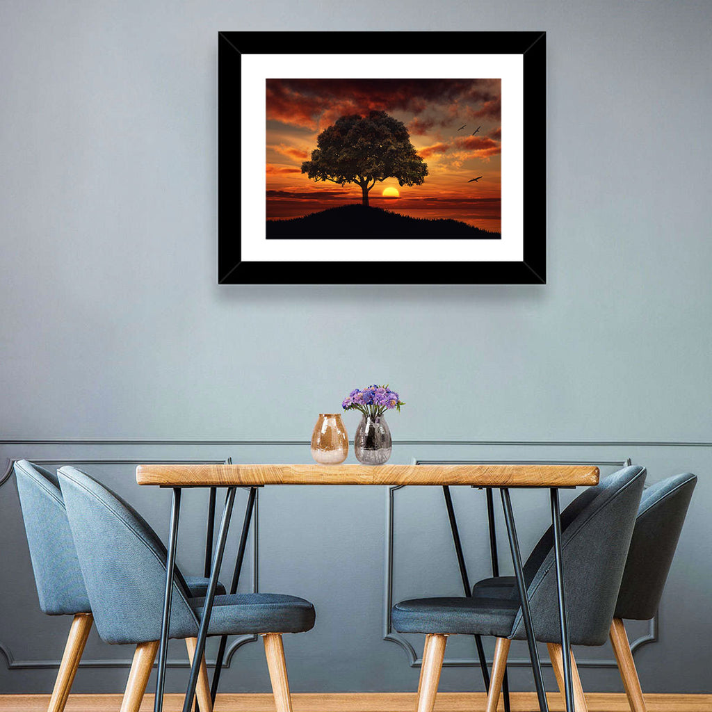 Lone Tree at Sunset with Birds Wall Art