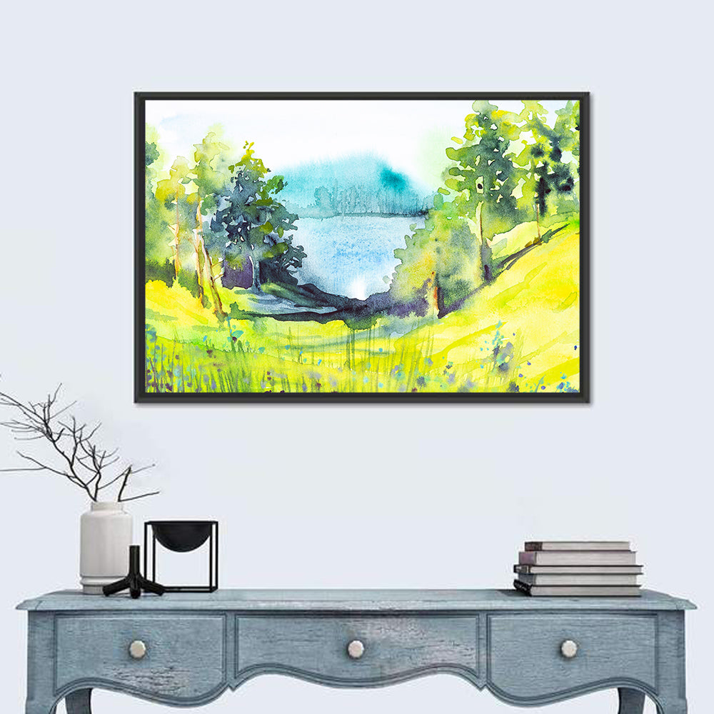 Summer Lakeside Forest Illustration Wall Art in a room, landscape