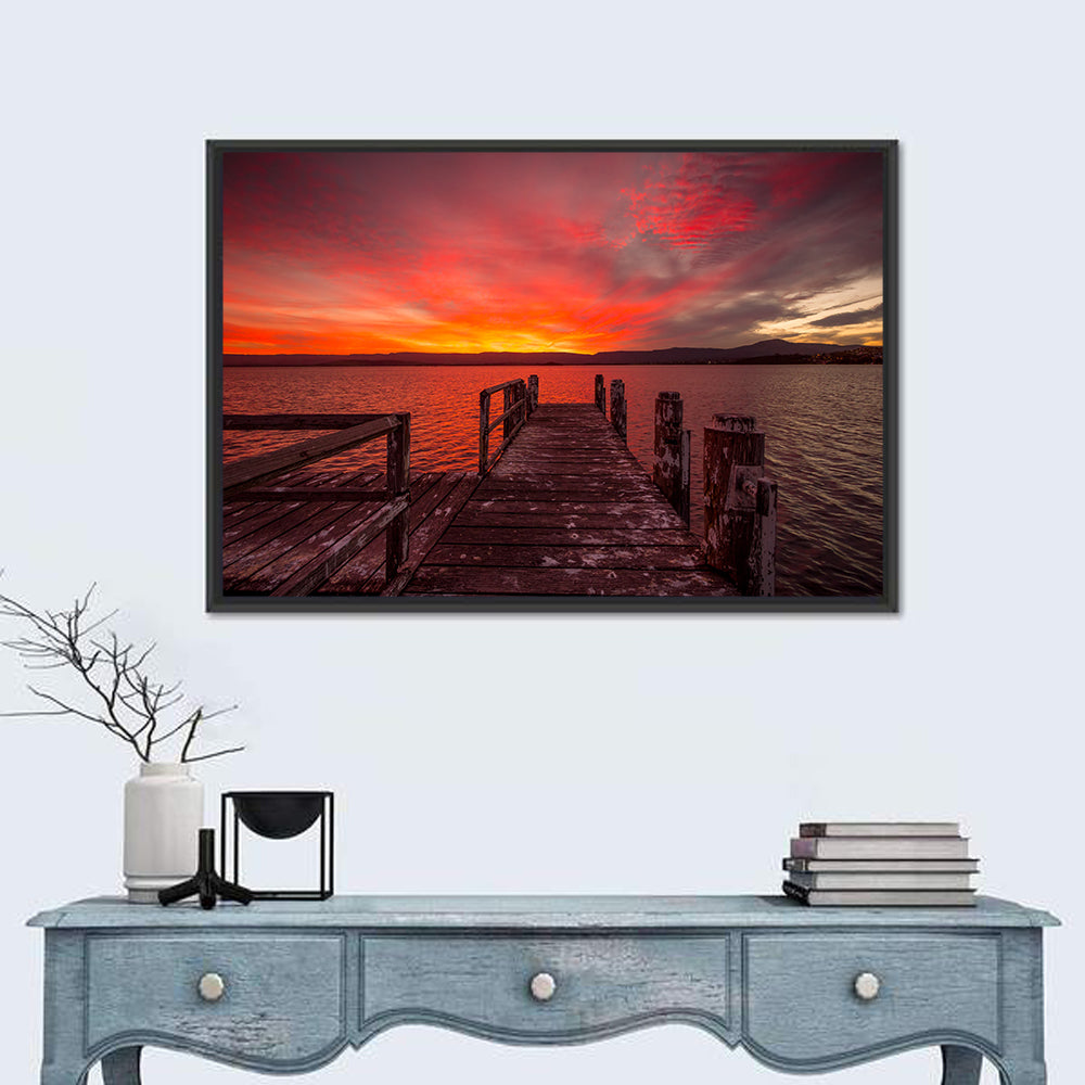 Lake Illawarra Jetty Sunset Wall Art in a room, landscape