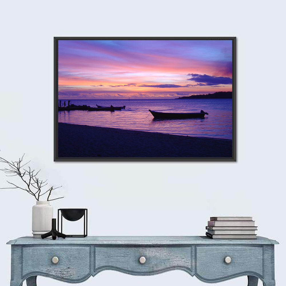 Malolo Island Sunset with Moored Boats Wall Art in a room, landscape